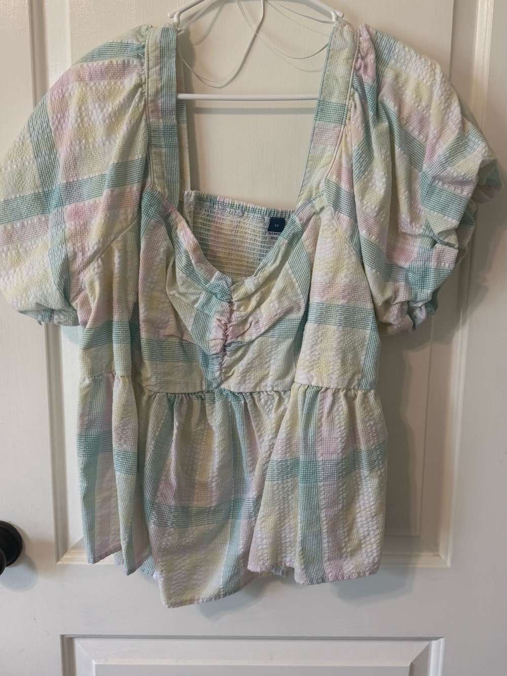 Old Navy Pastel Plaid Puff Sleeve Peplum Top